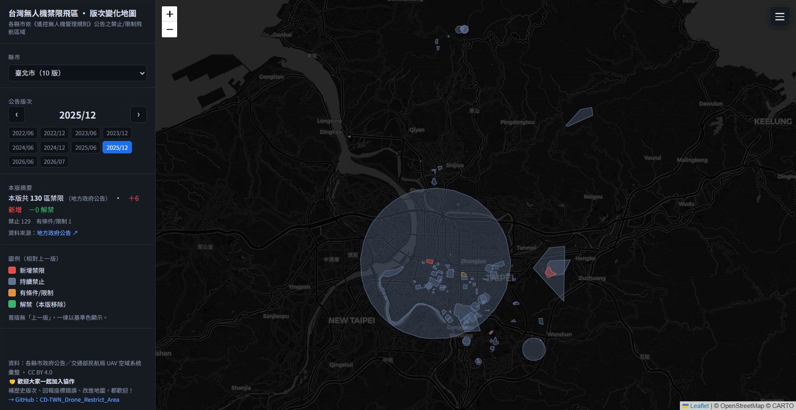 Every version carries its own diff — 2025/12 added 6 more restricted zones on top of what came before.